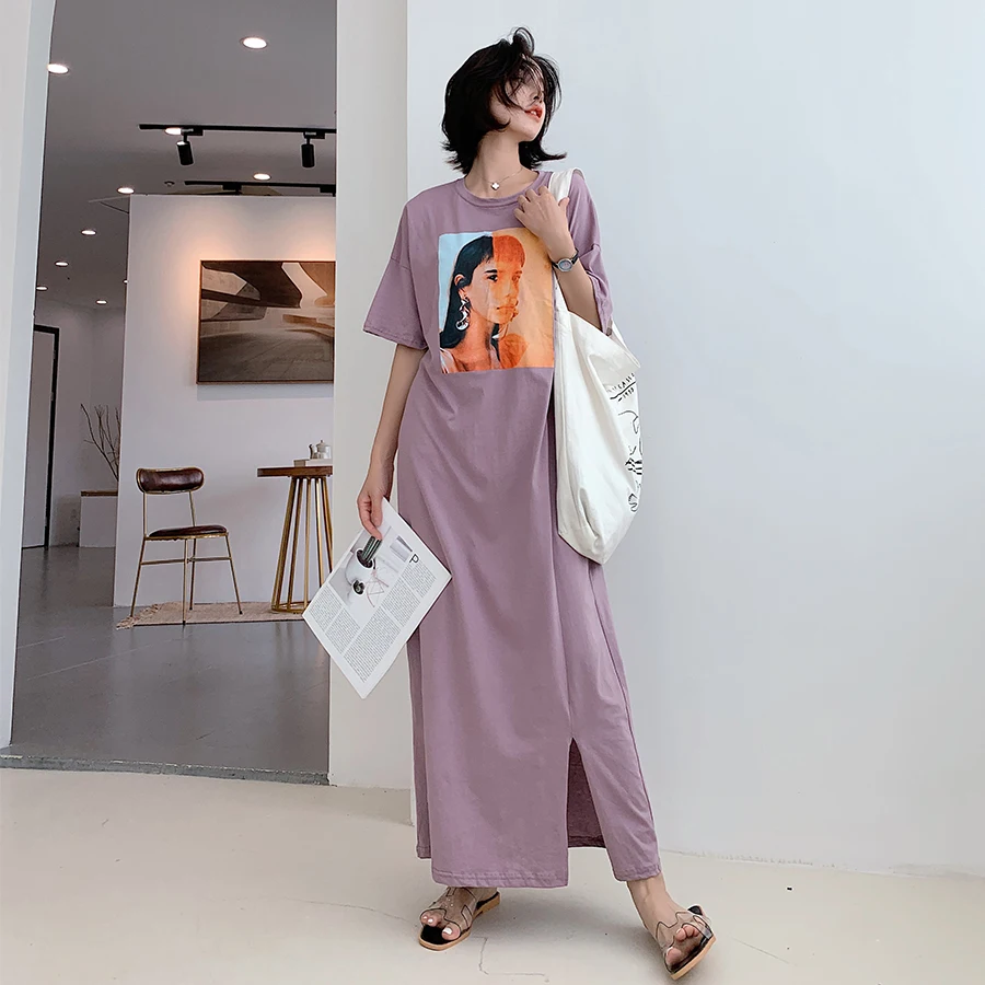 Casual T Shirt Dress For Women Summer Short Sleeve o Neck Print Long Dress Black Purple Split Loose Dresses Women
Casual T Shirt Dress For Women Summer Short Sleeve o Neck Print Long Dress Black Purple Split Loose Dresses Women