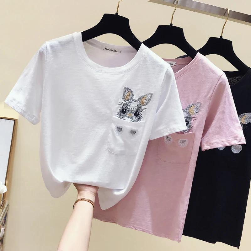 Gkfnmt T shirt Women Plus Size Black Embroidery Rabbit Summer Tops Cotton White Female Tshirt Short Sleeve Tee Shirt Femme 2019
Gkfnmt T shirt Women Plus Size Black Embroidery Rabbit Summer Tops Cotton White Female Tshirt Short Sleeve Tee Shirt Femme 2019
