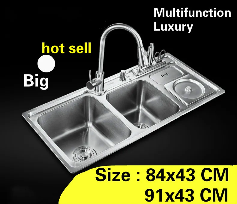 

Free shipping Apartment kitchen double groove sink multifunction do the dishes 304 stainless steel hot sell big 84x43/91x43 CM