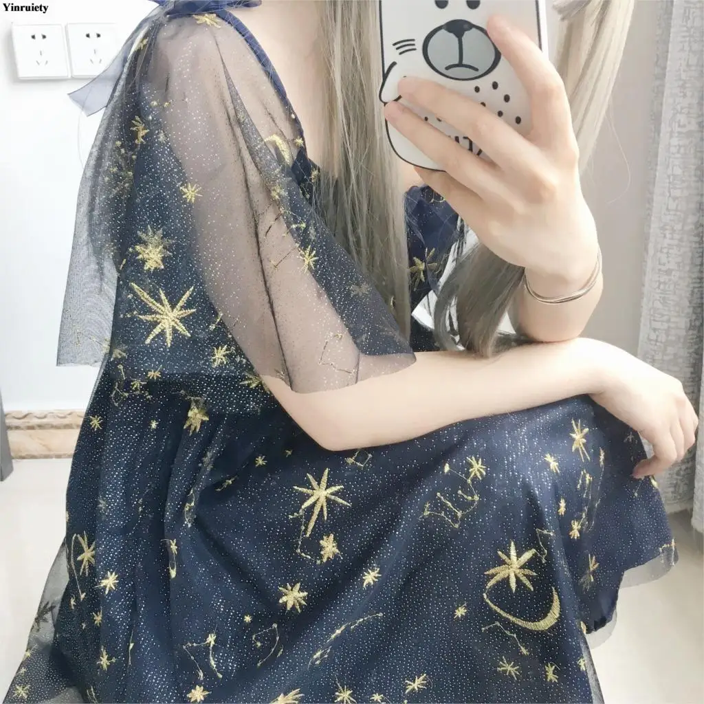 Sweet Women Knee-length Dress Star Moon Embroidery Cute Women Dress Summer Women Fashion One Piece Sweet Girls Fairy Kei
Sweet Women Knee-length Dress Star Moon Embroidery Cute Women Dress Summer Women Fashion One Piece Sweet Girls Fairy Kei