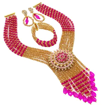 Multi Layers African Beads Jewelry Set Nigerian Wedding Crystal Jewelry Sets Fuchsia Pink Gold AB Beads Necklace 6C-SDLS-009
Multi Layers African Beads Jewelry Set Nigerian Wedding Crystal Jewelry Sets Fuchsia Pink Gold AB Beads Necklace 6C-SDLS-009