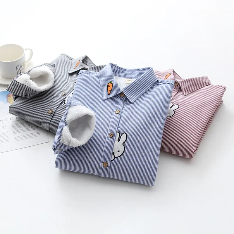 Hot Sale 2018 Winter Korean Striped Rabbit Embroidery Fleece Blouse Women Thick Long Sleeve Keep Warm Shirts Female Tops Coats
Hot Sale 2018 Winter Korean Striped Rabbit Embroidery Fleece Blouse Women Thick Long Sleeve Keep Warm Shirts Female Tops Coats