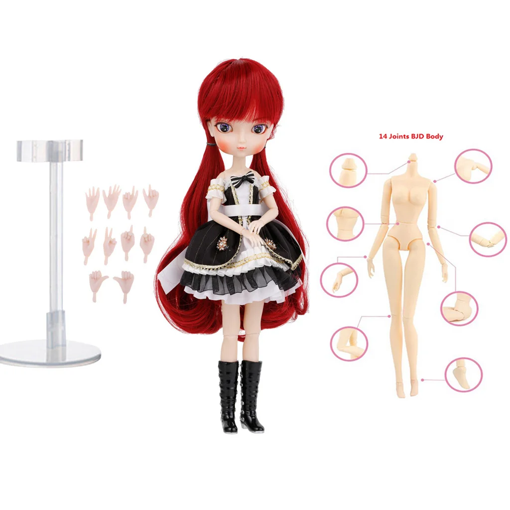Flexible 14 Joints 1/6 BJD SD Doll Anime Girl Action Figures with Costume, Shoes, Stand, 5 Pairs Hands