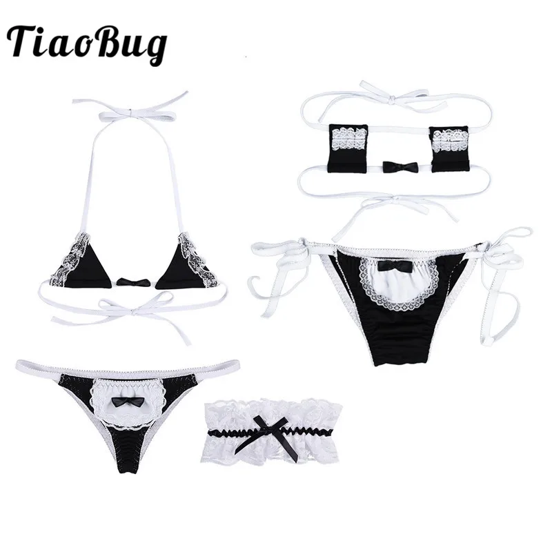 

TiaoBug Women Mini Maid Costume Lingerie Set Japanese Anime Cosplay Bikini Bra Set Lolita Lace Three Point Hot Sexy Underwear