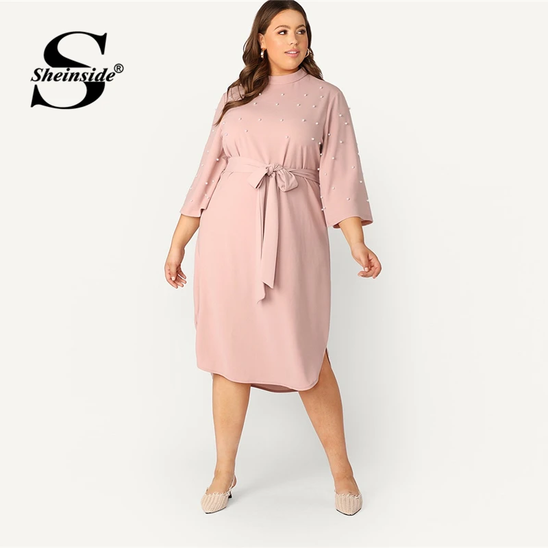 Sheinside Plus Size Elegant Pink Pearl Beaded Straight Dress Women Spring 3/4 Sleeve Midi Dresses 2019 Stand Collar Belted Dress
Sheinside Plus Size Elegant Pink Pearl Beaded Straight Dress Women Spring 3/4 Sleeve Midi Dresses 2019 Stand Collar Belted Dress