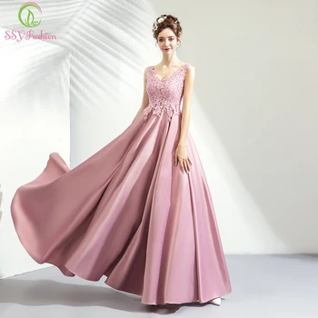 SSYFashion New Luxury Satin Evening Dress Pink Lace Embroidery Floor-length V-neck Elegant Formal Prom Dresses Robe De Soiree
SSYFashion New Luxury Satin Evening Dress Pink Lace Embroidery Floor-length V-neck Elegant Formal Prom Dresses Robe De Soiree