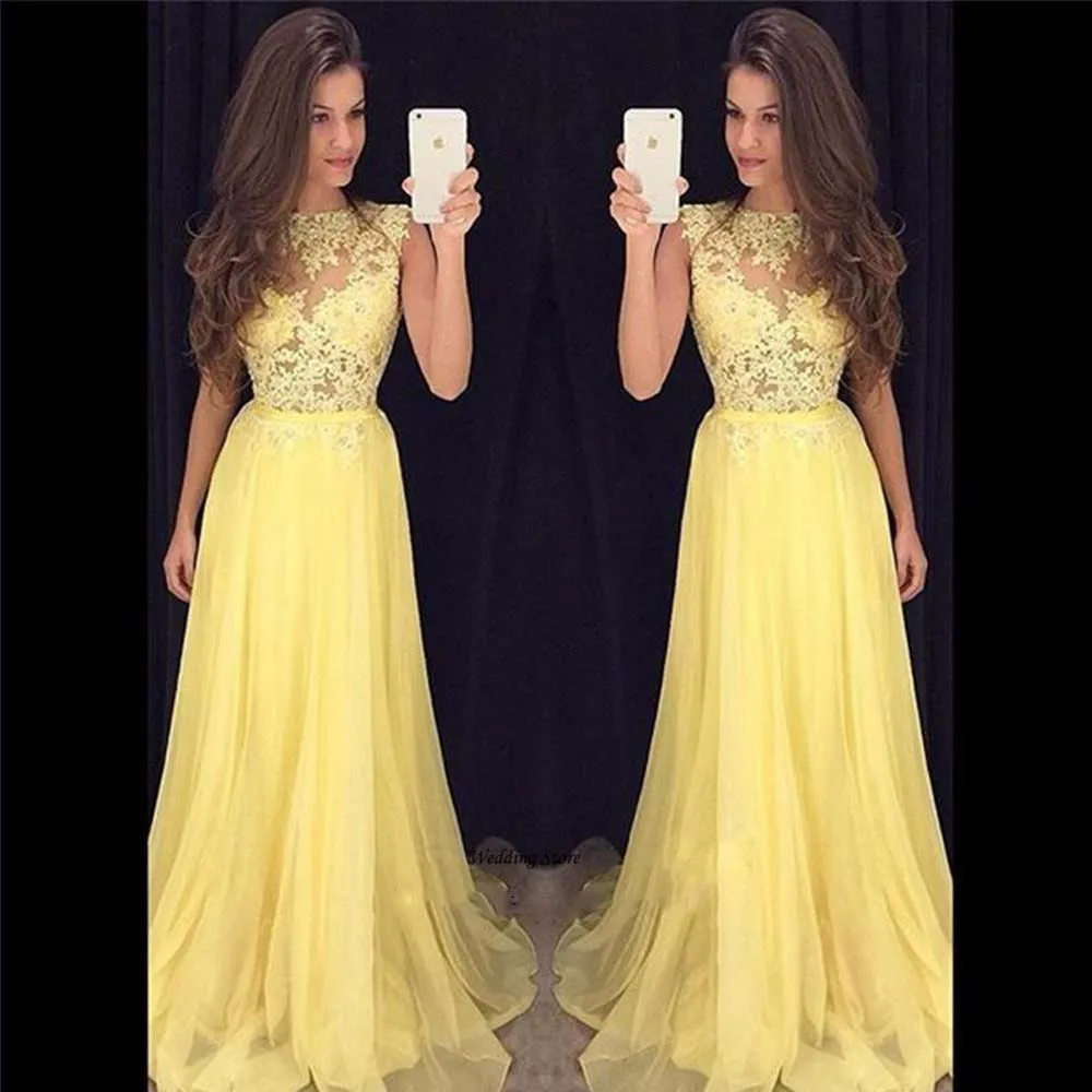 2017 Sexy Sheer Evening Dresses Yellow Chiffon A-line Long Party Gowns Lace Beads Vestido De Festa Cutomsize Prom Gowns
2017 Sexy Sheer Evening Dresses Yellow Chiffon A-line Long Party Gowns Lace Beads Vestido De Festa Cutomsize Prom Gowns