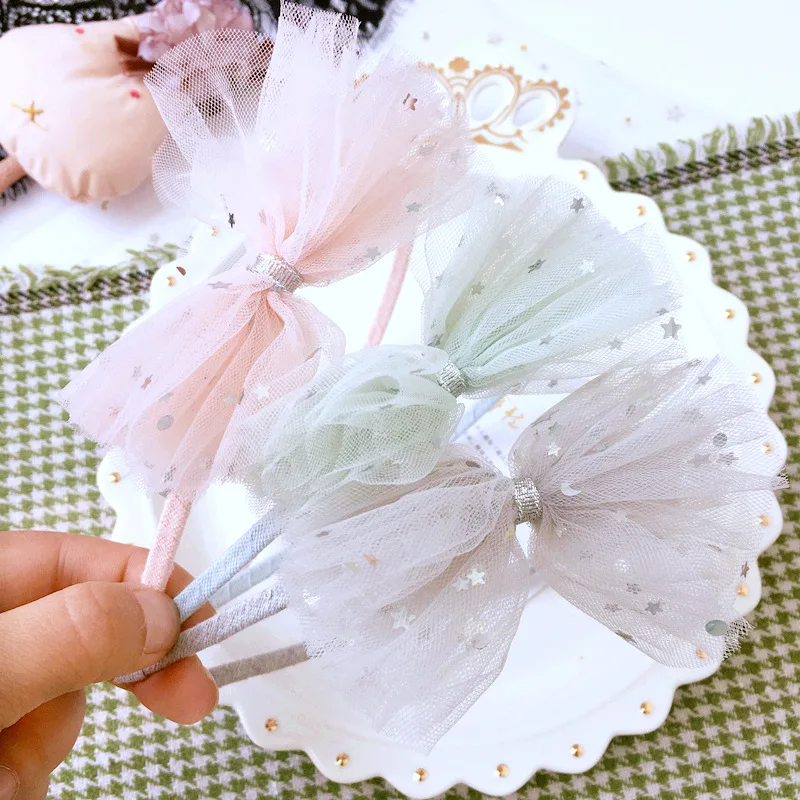 Бутик 12 шт. Мода блеск звезда марли лук Hairbands сплошной Kawaii Кружева бантом Жесткий