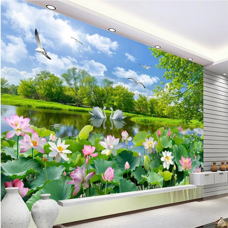 beibehang Custom wallpaper Murals Any size photo Beautiful scenery Swan Lake Lotus living room Landscape TV background wall |