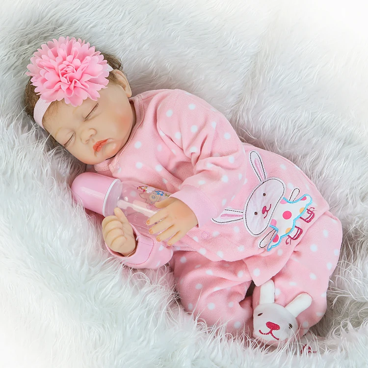 

NPK wholesale Bebes reborn silicone dolls 22inch 55cm real sleeping new born babies for children gift pink rabbit clothing set