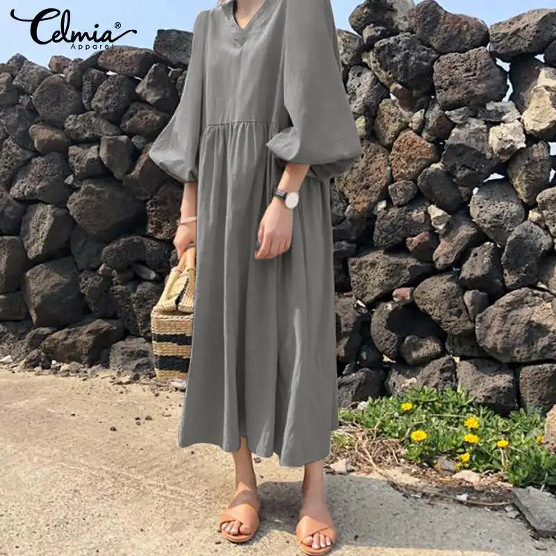 Plus Size Vintage Pleated Shirt Dress Loose Women's Sundress Celmia 2019 Summer Sexy V neck Casual Solid Beach Maxi Long Dresses 
Plus Size Vintage Pleated Shirt Dress Loose Women's Sundress Celmia 2019 Summer Sexy V neck Casual Solid Beach Maxi Long Dresses