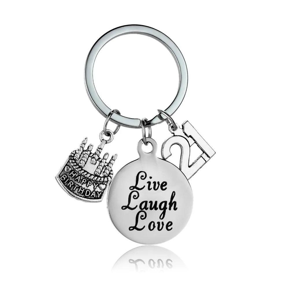 Модные Live Laugh Love брелок 21 день рождения торт Нержавеющая сталь Для женщин мужчин