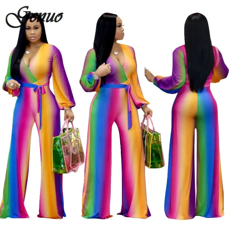 

Multi Color Printed Fashion Women Streetwear Full-length Jumpsuit Sexy Deep V Neck Belted Details Wide Legs Pants Jumpsuit