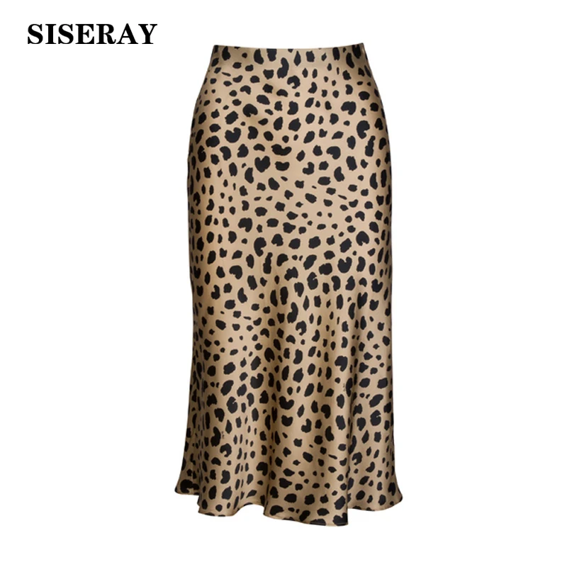 

Hot Sale High Waist Leopard Midi Skirt Female Hidden Elasticized Waistband Silk Satin Skirts Slip Style Animal Print Skirt Women