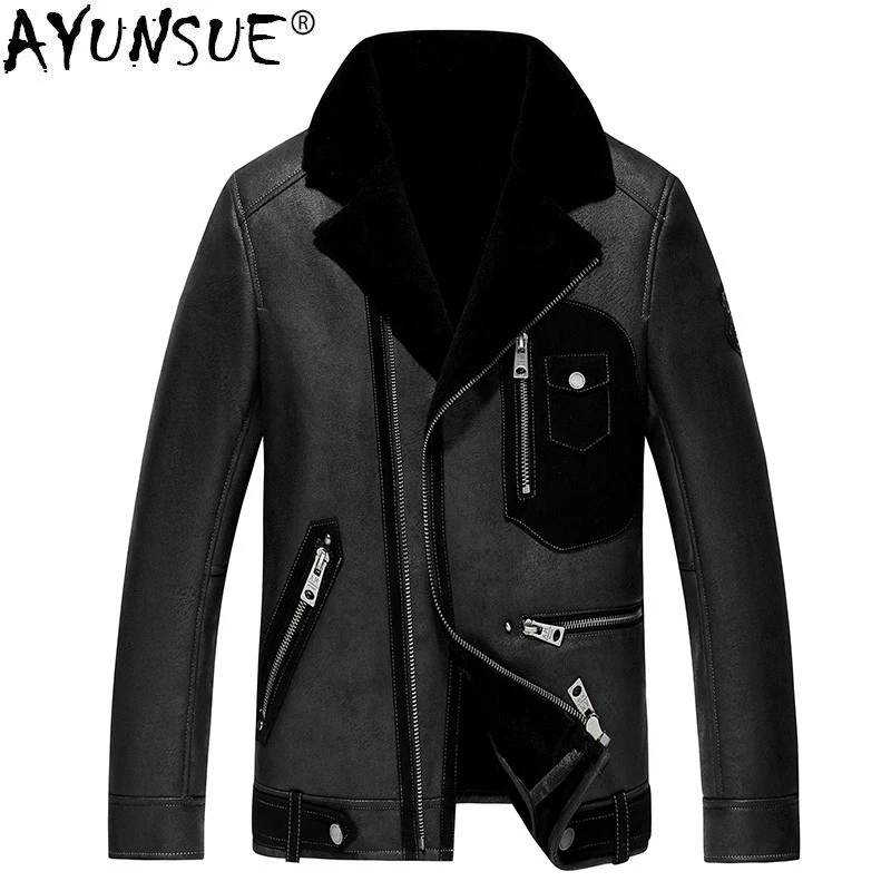 AYUNSUE Men's Leather Jacket 2018 Autumn Winter Men Real Wool Fur Liner Coat Streetwear Suede Jackets Veste Homme MY1381 | Мужская