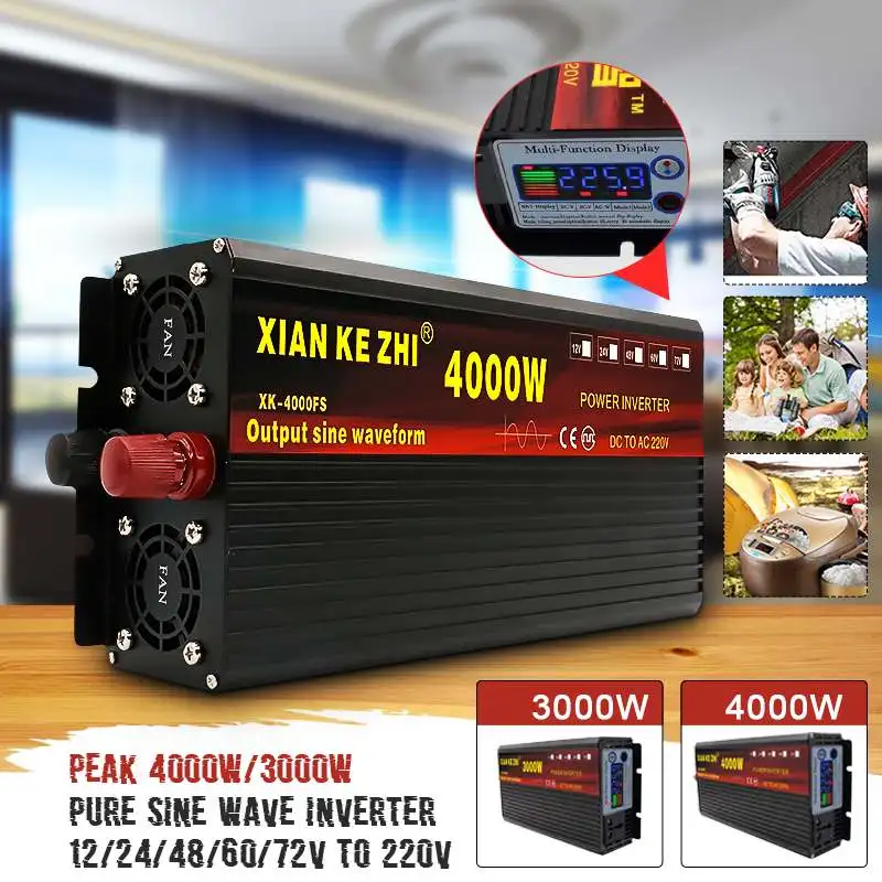 Peaks 4000W Pure Sine Wave Power Inverter DC 12/24/48/60/72V to AC 220V Converter LCD Display Six major protections
Peaks 4000W Pure Sine Wave Power Inverter DC 12/24/48/60/72V to AC 220V Converter LCD Display Six major protections