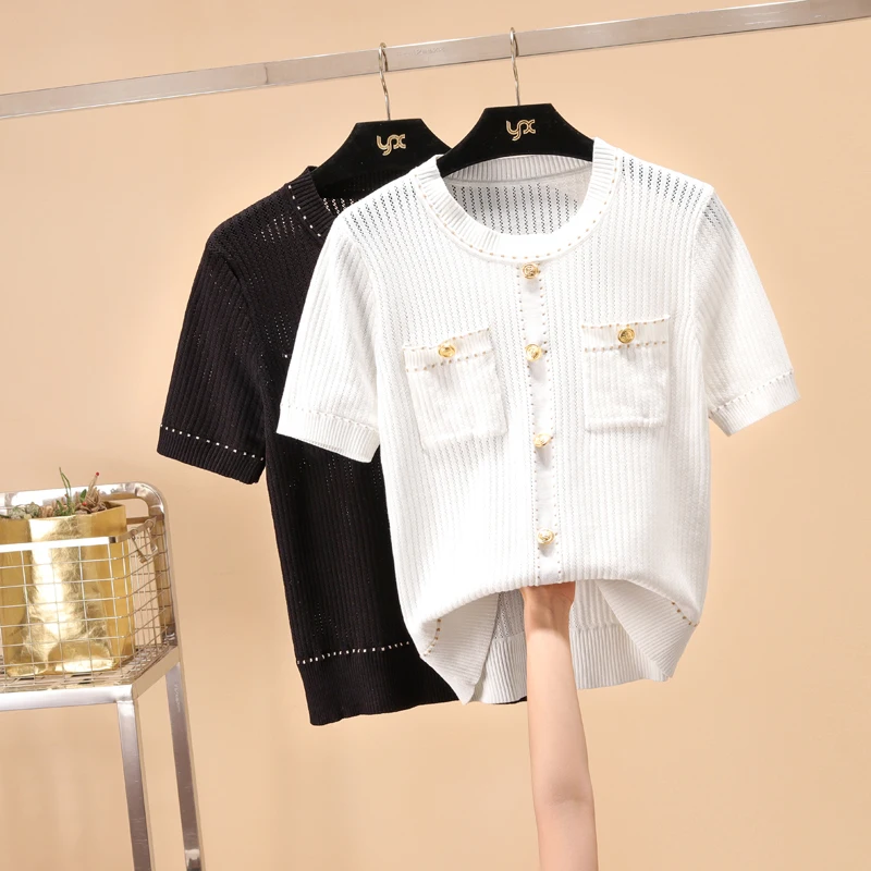Women's Short-sleeved Slim Round-necked White Thin Knit Jacket Women Summer Thin Ice Silk Shirt Shirts Ladies Basic Tops
Women's Short-sleeved Slim Round-necked White Thin Knit Jacket Women Summer Thin Ice Silk Shirt Shirts Ladies Basic Tops