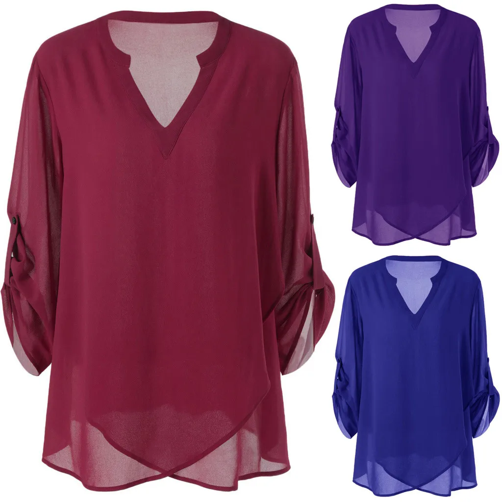 Fashion Womens Blouses Blusas Mujer De Moda Plus Size V-Neck Adjustable Sleeve Chiffon Solid Blouse Top Blouse Women Hot Sales
Fashion Womens Blouses Blusas Mujer De Moda Plus Size V-Neck Adjustable Sleeve Chiffon Solid Blouse Top Blouse Women Hot Sales