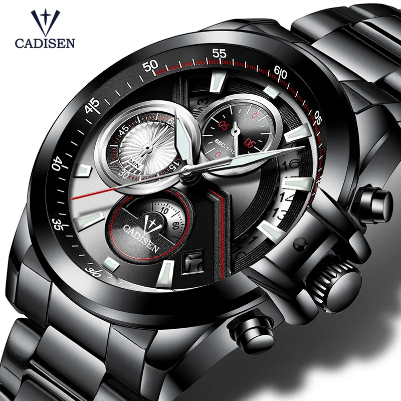 

Cadisen Black Stainless Steel Strap Quartz Watches for Business Men Waterproof Chronograph Analogue Wristwatch for Boys C9016-S1