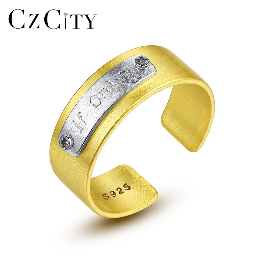 

CZCITY 100% 925 Sterling Silver If Only Letter Open Rings for Lover's 18K Gold Color Simple Brushed Couple Wedding Rings Jewelry