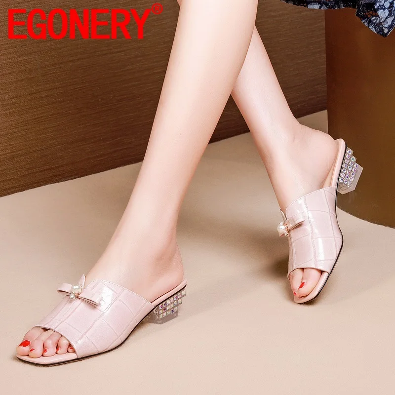 

EGONERY woman shoes summer new concise sweet bowtie open toe woman slippers outside Comfortable mid heels crystal ladies slides