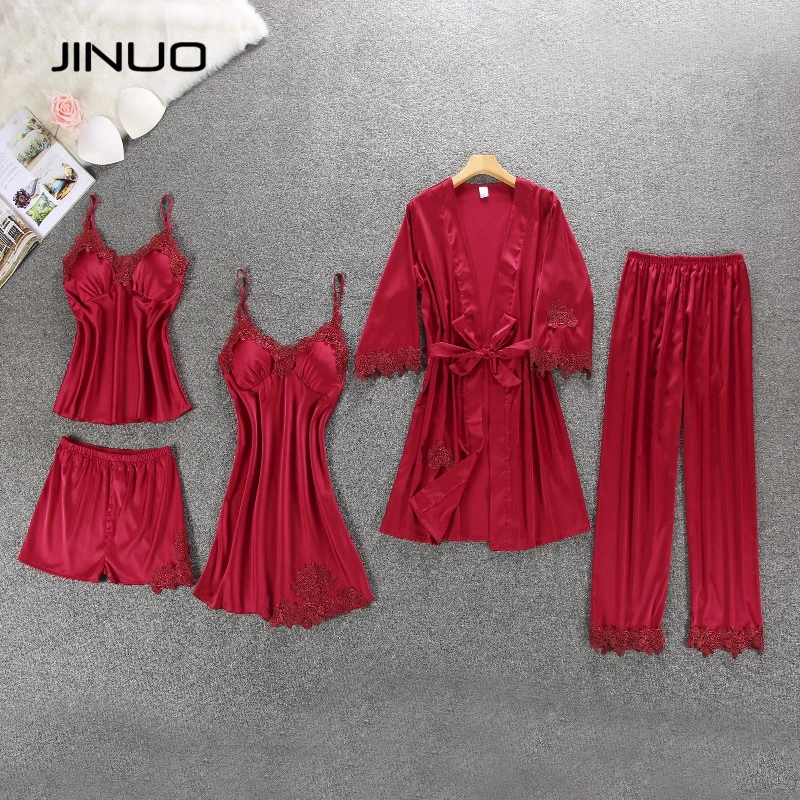 JINUO 5 шт./компл. женские пижамы шт. атласная пижама шелковая одежда с вышивкой для