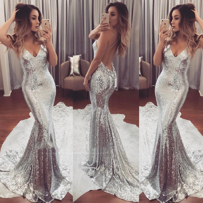 2019 Sexy Silver Sparkly Spaghetti Strap V-neck Sequins Lace Mermaid Prom Dresses With Long Train vestidos de gala Evening Dress
2019 Sexy Silver Sparkly Spaghetti Strap V-neck Sequins Lace Mermaid Prom Dresses With Long Train vestidos de gala Evening Dress