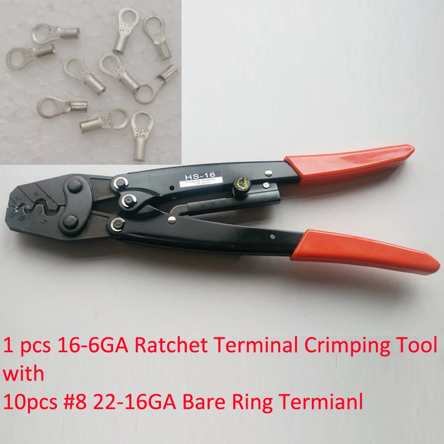 HS-16 Ratchet Terminal Crimper for Non-insulated AWG16-6 with 10 #8 22-16Ga Wire Ring Terminal Connector Uninsulated
HS-16 Ratchet Terminal Crimper for Non-insulated AWG16-6 with 10 #8 22-16Ga Wire Ring Terminal Connector Uninsulated