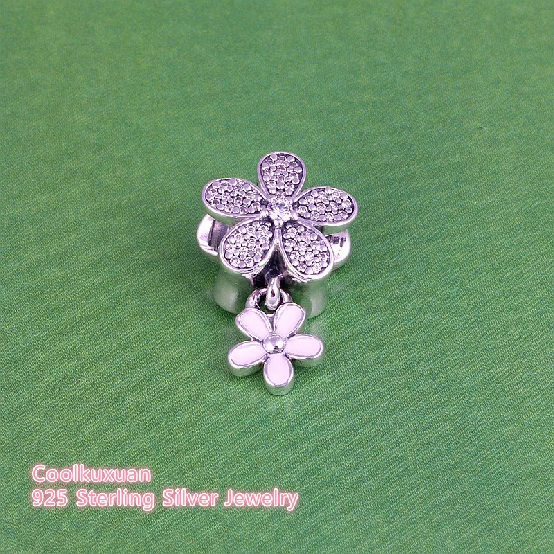 

Spring Dazzling Daisy Duo Flowers Charms Beads Fits Pandora bracelets 925 Sterling Silver White Enamel CZ Floral Charm