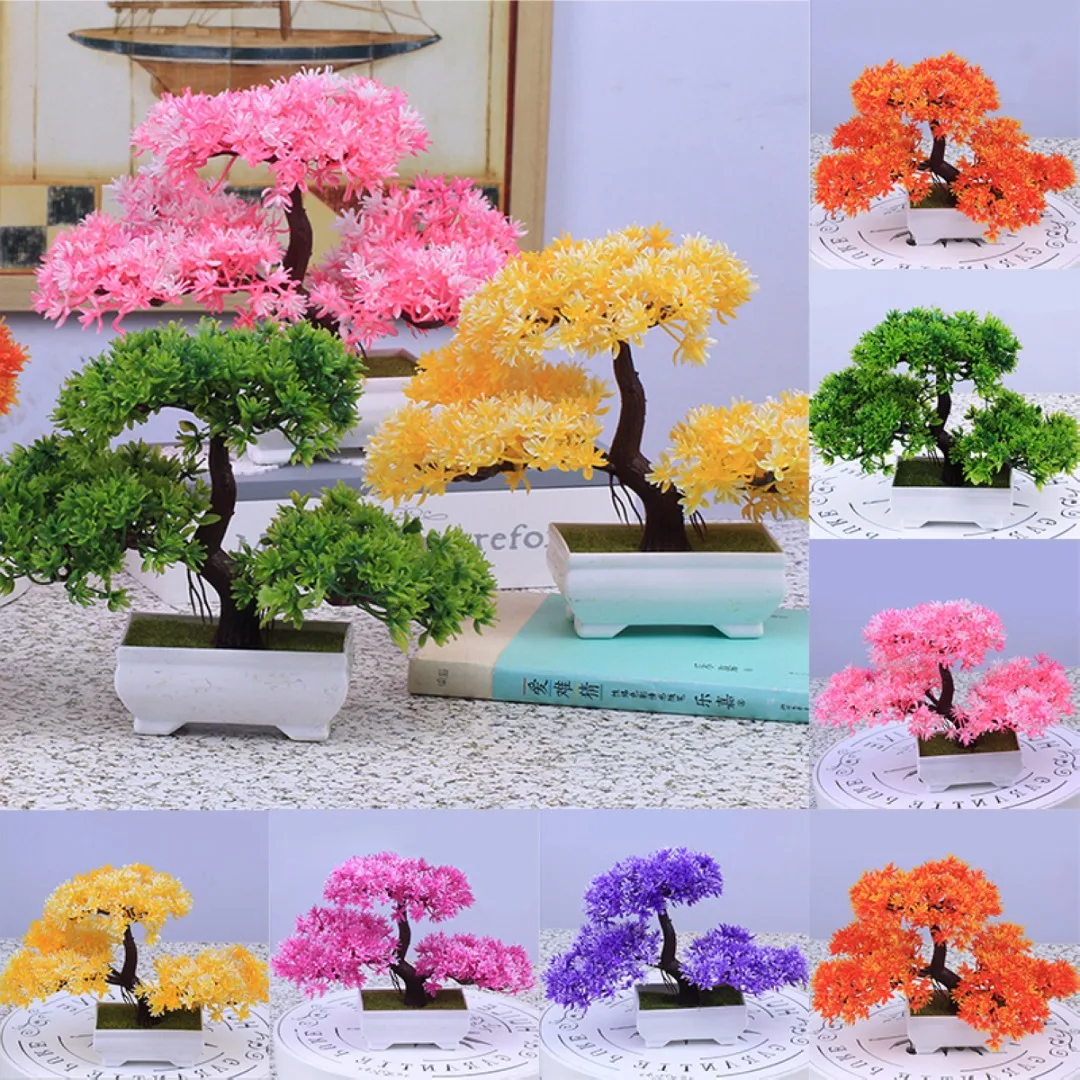 New Plastic Resin Bonsai Tree Artificial Plant Decoration For Office Home 18cm 6 Colors