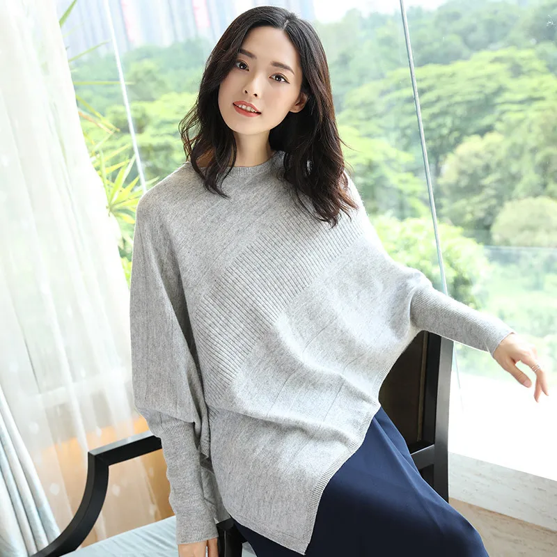 100% Merino Wool Sweaters and Pullovers for Women O-neck and Long Bat Sleeve Loose Spring Autumn Female Brand Jumpers