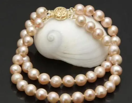 Gold Natural 2 Rows 9-10mm Pink South Sea Pearl Bracelet 7.5-8
