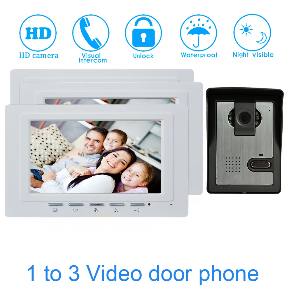 1 комплект семейная система видеодомофона от 1 до 3, 7-дюймовый монитор, ЖК-панель, проводной тип, Водонепроницаемый умный дверной звонок, домофон, система разговора
1 комплект семейная система видеодомофона от 1 до 3, 7-дюймовый монитор, ЖК-панель, проводной тип, Водонепроницаемый умный дверной звонок, домофон, система разговора