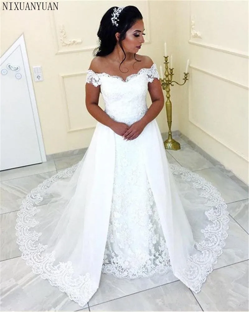 Sexy Vintage Lace Mermaid Overskirts Wedding Dresses 2019 Off Shoulder Plus Size White Arabic African Country Bridal Gowns
Sexy Vintage Lace Mermaid Overskirts Wedding Dresses 2019 Off Shoulder Plus Size White Arabic African Country Bridal Gowns