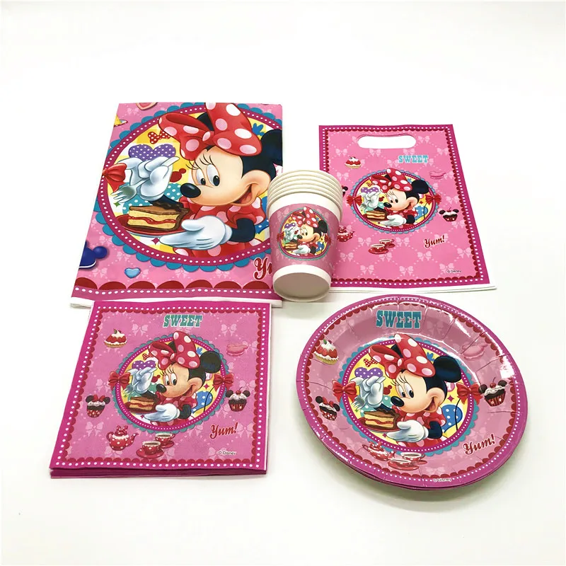 

New 75Pcs Minnie Mouse Theme Paper Cup+Plate+Napkin Baby Shower Disney Gift Bag Girl Birthday Party Tablecloth Decoration Supply