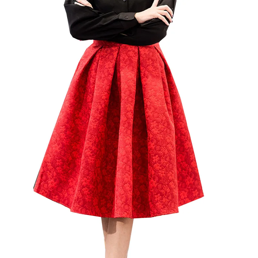 Image Autumn New Retro High Waist Skirt Elegant Ladies Jacquard Maxi Pleated Skirts Women Knee Length Saia Feminina Plus Size S~XL
