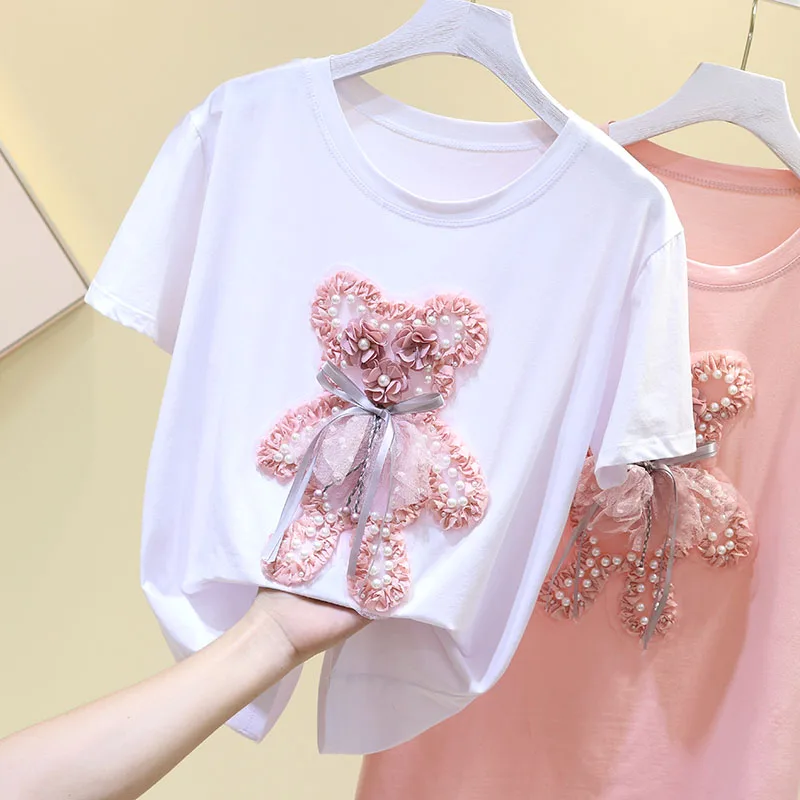 2019 summer new bear pattern print beaded sequins casual round neck short-sleeved T-shirt
2019 summer new bear pattern print beaded sequins casual round neck short-sleeved T-shirt