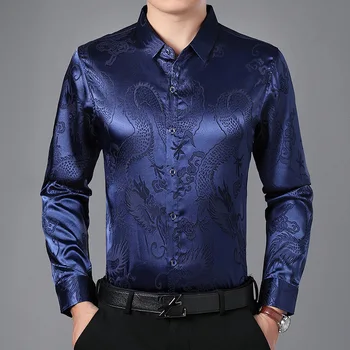 Navy Smooth Silk Satin Shirt Men 2019 Chinese Dragon Jacquard Mens Slim Fit Long Sleeve Button Down Dress Shirts Chemise 4XL
Navy Smooth Silk Satin Shirt Men 2019 Chinese Dragon Jacquard Mens Slim Fit Long Sleeve Button Down Dress Shirts Chemise 4XL