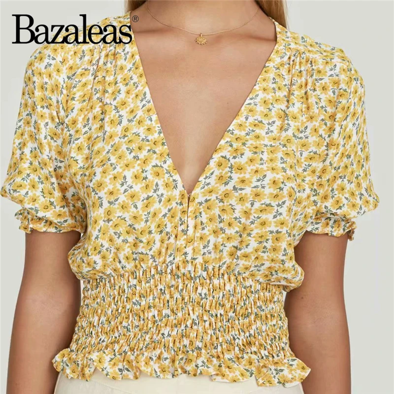 

Bazaleas Chic Sunflower Print Yellow Cropped Blouse Vintage Elastic Waist blusas V Neck Blusa Feminina drop shipping