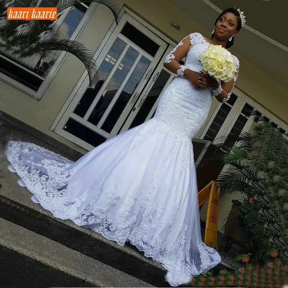 Vintage White Lace Mermaid Wedding Dresses Long Sleeve 2019 Slim Fit Wedding Gowns Applique Illusion Sweep Train Bridal Dress
Vintage White Lace Mermaid Wedding Dresses Long Sleeve 2019 Slim Fit Wedding Gowns Applique Illusion Sweep Train Bridal Dress