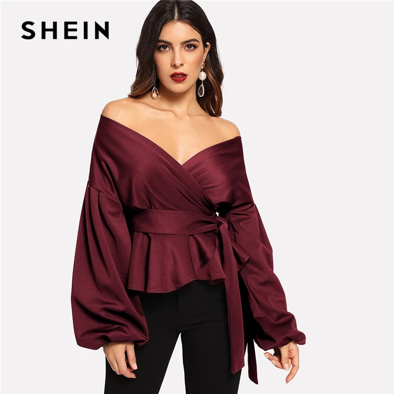 

SHEIN Burgundy Lantern Sleeve Surplice Peplum V Neck Blouse Modern Lady Bishop Sleeve Women Spring Minimalist Elegant Blouses