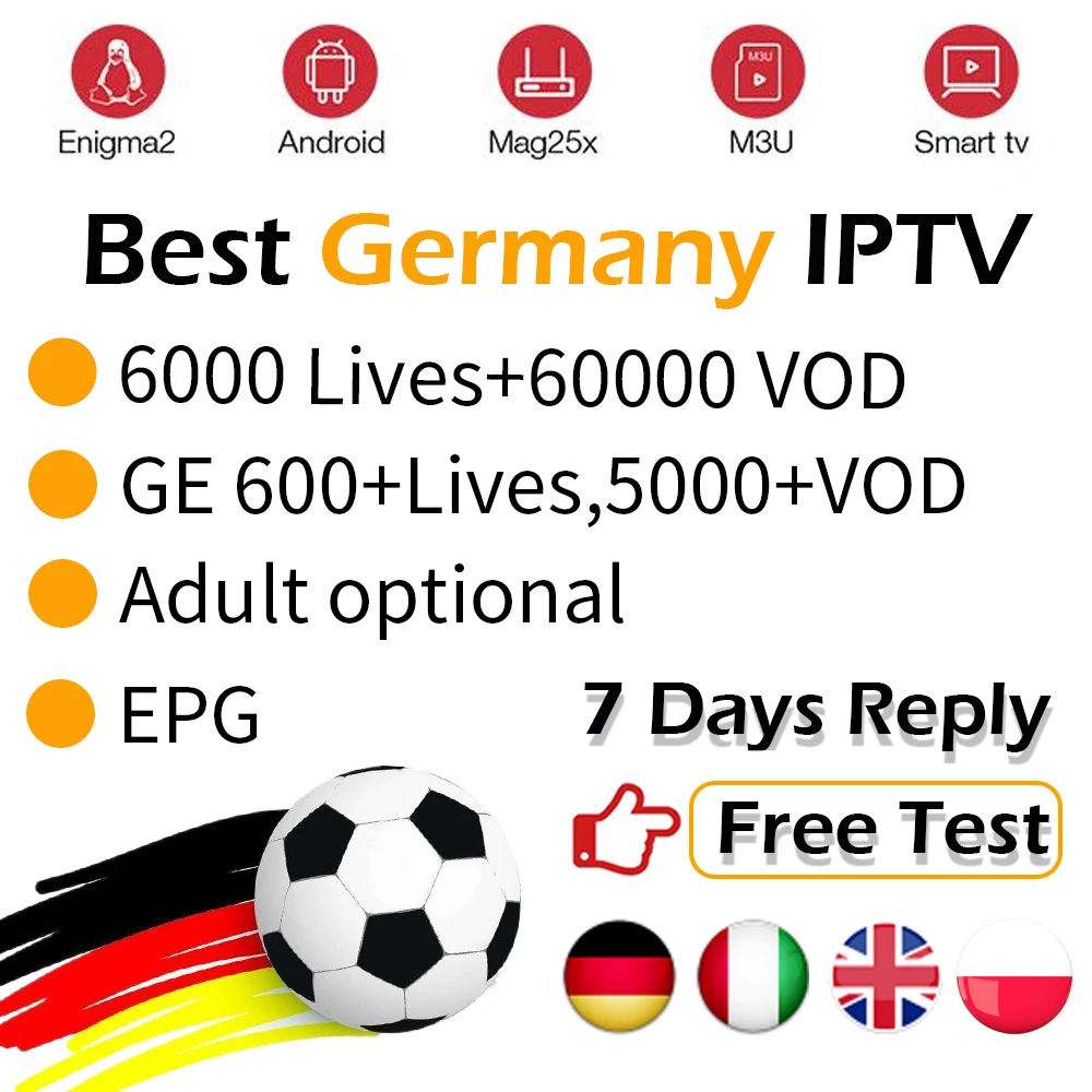 Subscription IPTV for Germany IPTV Deutsch German Europe UK Poland Adult Live+VOD IPTV m3u Enigma2 Smart TV Android VLC Mag
Subscription IPTV for Germany IPTV Deutsch German Europe UK Poland Adult Live+VOD IPTV m3u Enigma2 Smart TV Android VLC Mag