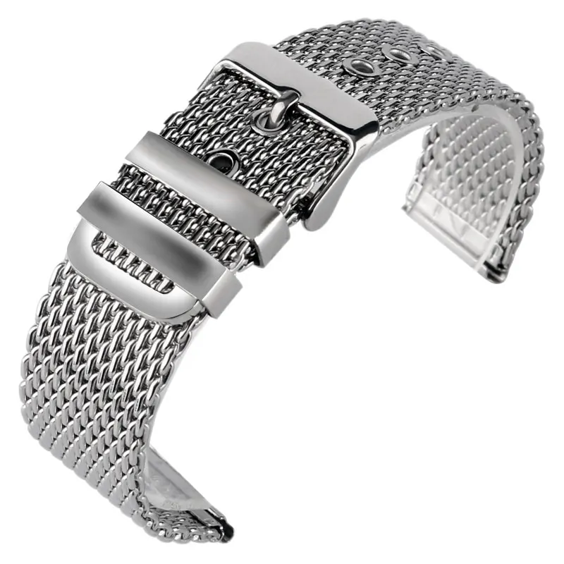 

20mm 22mm 24mm Fashion Stainless Steel Mesh Watchband Bracelet Silver Wrist Band Strap Solid Link Pin Buckle + 2 Spring Bars