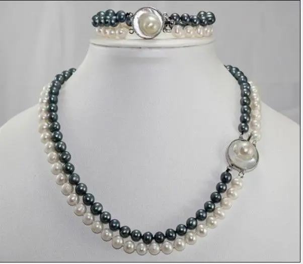 NEW 2 ROW 8-9MM AAA SOUTH SEA White black Pearl Necklace 18 "+ Bracelet 7.5