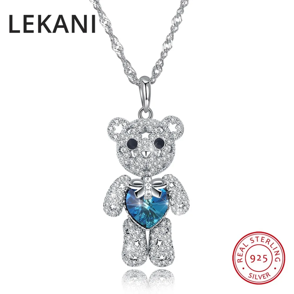 

LEKANI Crystals From Austria Animal Fine Jewelry Max Bear Pendant Necklaces Luxury Real 925 Silver For Women Girls Party