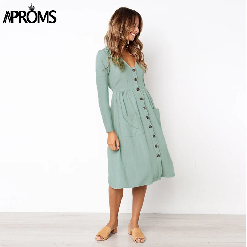 Aproms Solid V Neck Long Sleeve Dress Women Casual High Wasit Buttons Knee-Length Dress Female Robe Autumn White Dress Vestidos
Aproms Solid V Neck Long Sleeve Dress Women Casual High Wasit Buttons Knee-Length Dress Female Robe Autumn White Dress Vestidos