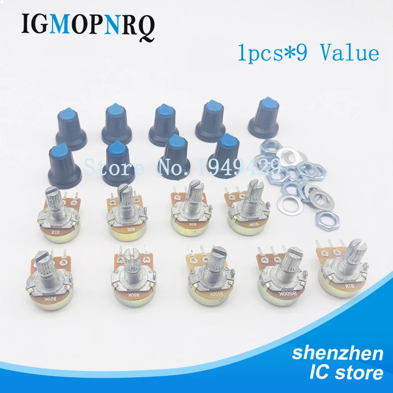 9PCS(1pc*9 Value) WH148 Potentiometer 15mm Shaft With Nuts And Potentiometer Button Cap for 1K 2K 5K 10K 20K 50K 100K 500K 1M
9PCS(1pc*9 Value) WH148 Potentiometer 15mm Shaft With Nuts And Potentiometer Button Cap for 1K 2K 5K 10K 20K 50K 100K 500K 1M