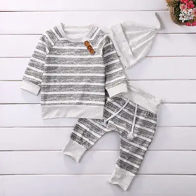 3pcs Baby Set!! Newborn Baby Boy Girls Clothes Autumn Spring Warm Long Sleeve Button Striped T-shirt+Belt Pants+Hat Baby Clothes
3pcs Baby Set!! Newborn Baby Boy Girls Clothes Autumn Spring Warm Long Sleeve Button Striped T-shirt+Belt Pants+Hat Baby Clothes