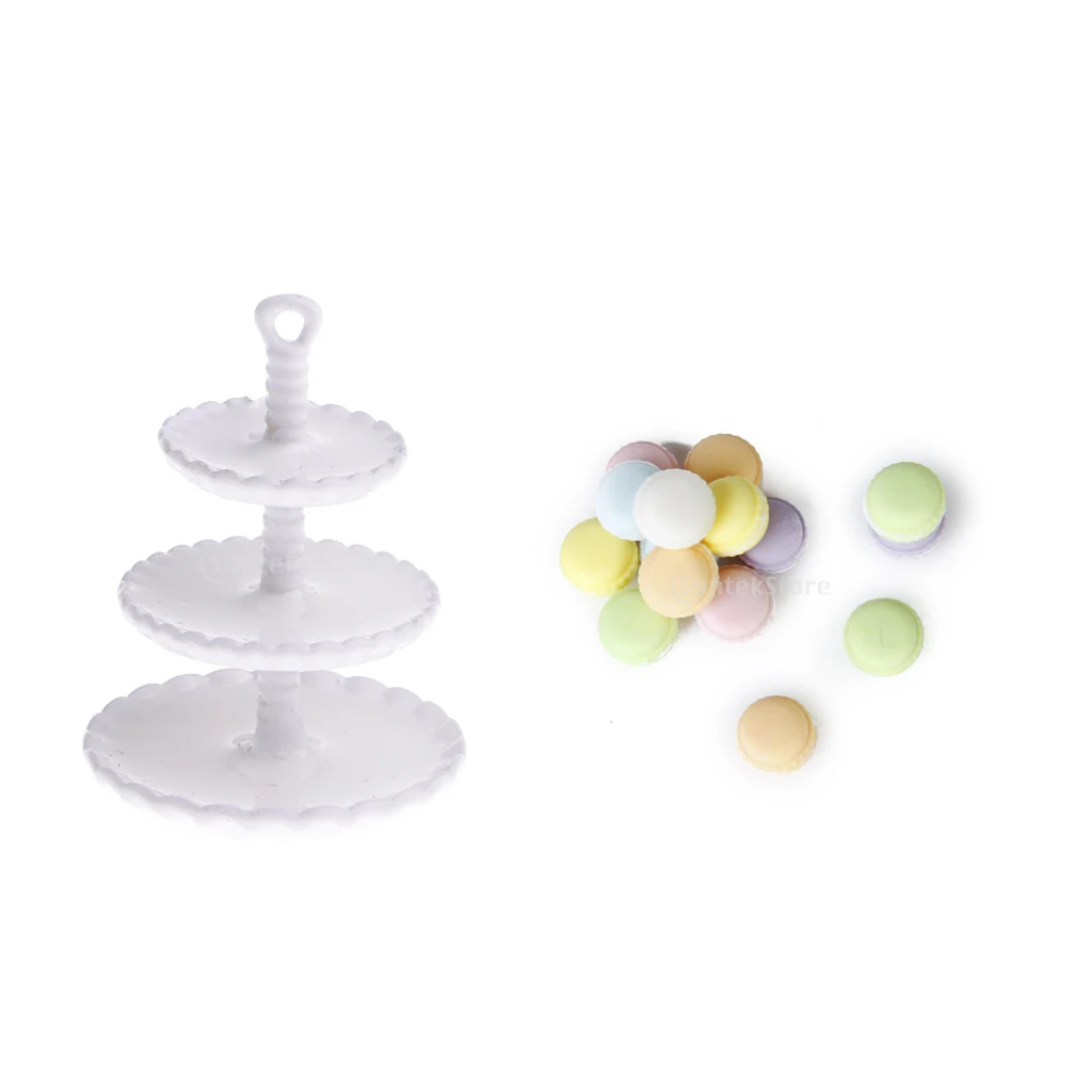 1/12 Dollhouse Miniature 3-layer Metal Snack Rack Stand+15pcs Cream Cakes Restaurant Kitchen Food Cake Bread Model Kids Toys