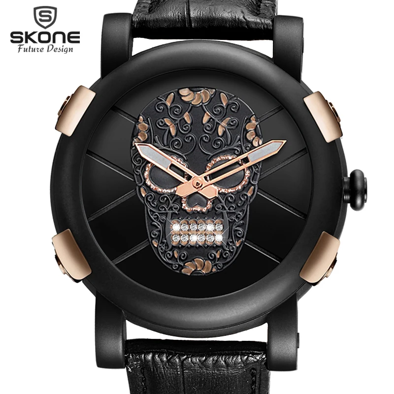 

Relogio Masculino Dropship Unique SKONE Pirate Skeleton Skull Quartz Men Watches Luxury Gold Waterproof Leather Men Sports Watch